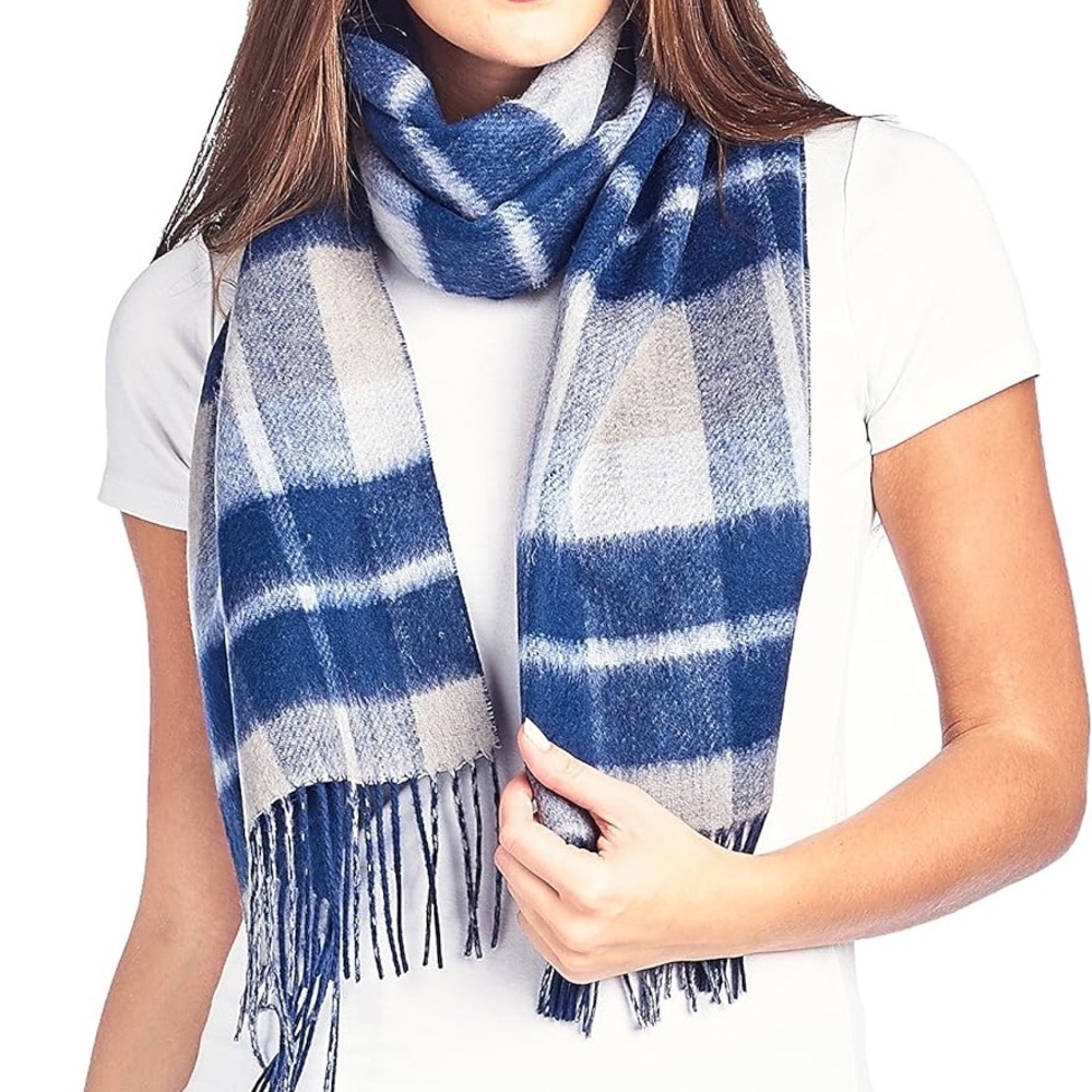 Royal Rossi 100% Mongolian Cashmere Plaid Scarf Fringe White Navy Blue Like New